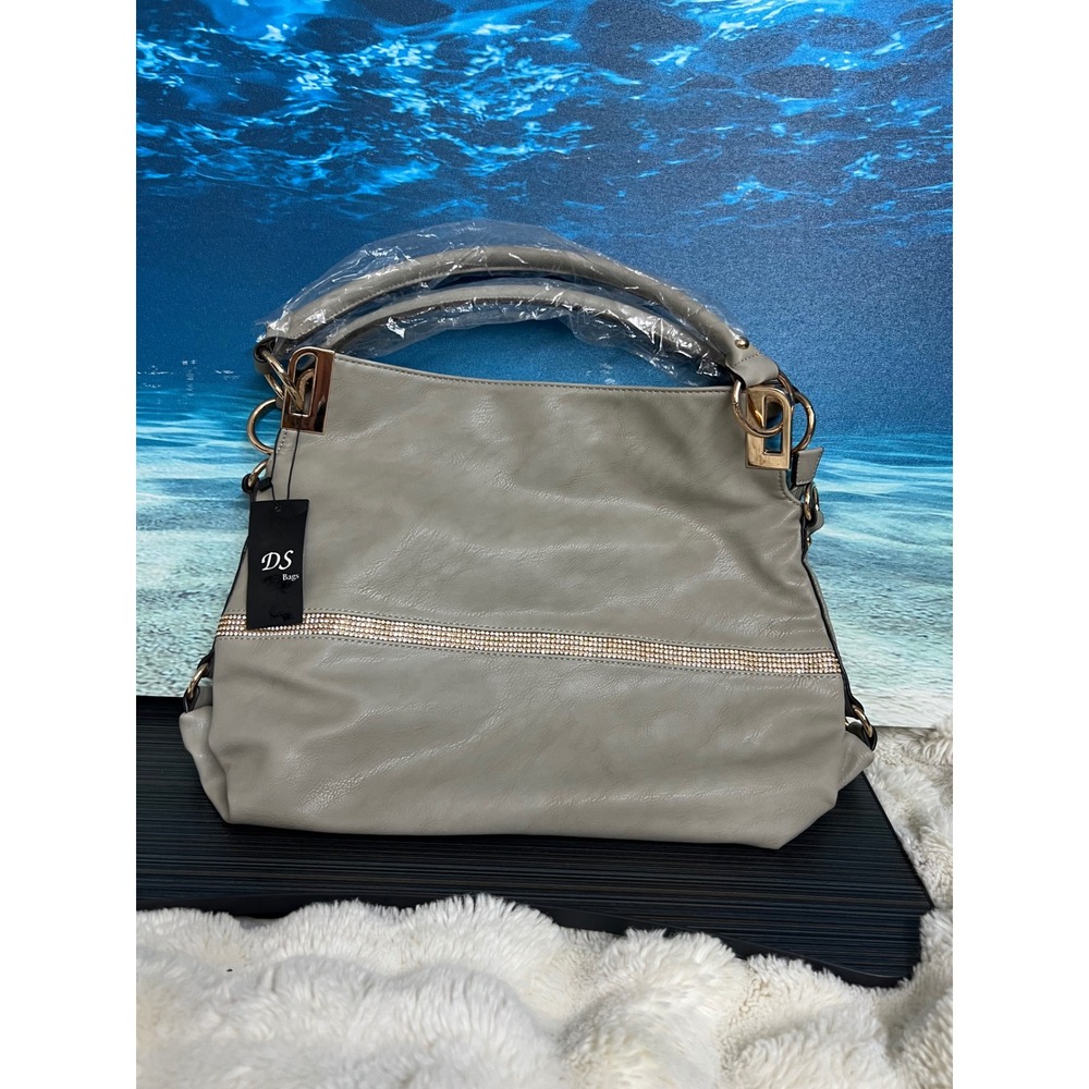 🎁DS Bags Grey Faux Leather Rhinestone Hobo Shoulder Bag with Crossbody Strap NEW